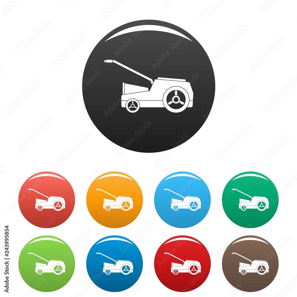 Poster lawn mower machine icons set 9 color vector isolated on white for any design