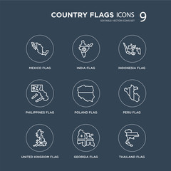 9 Mexico flag, India United Kingdom Peru Poland Indonesia Philippines Georgia flag modern icons on black background, vector illustration, eps10, trendy icon set.