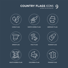 9 China flag, North Korea South Taiwan Italy Germany Spain Colombia flag modern icons on black background, vector illustration, eps10, trendy icon set.