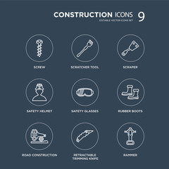 9 Screw, Scratcher tool, road construction, Rubber Boots, Safety glasses, Scraper modern icons on black background, vector illustration, eps10, trendy icon set.