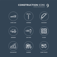 9 Hand saw, Hammer, Excavator, Floor, Gas pipe, Hacksaw, Grinder, Dumper modern icons on black background, vector illustration, eps10, trendy icon set.