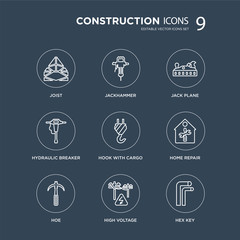 9 Joist, Jackhammer, Hoe, home repair, hook with cargo, Jack plane, Hydraulic breaker, High voltage modern icons on black background, vector illustration, eps10, trendy icon set.