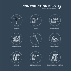 9 Driller, Drill, Crane, Crane truck, Crowbar, Digging bar, Demolition, Cordless drill modern icons on black background, vector illustration, eps10, trendy icon set.