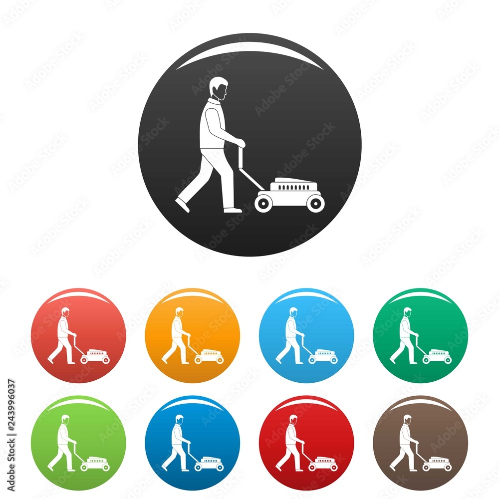 Aufkleber man with lawn mower icons set 9 color vector isolated on white for any design