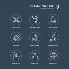 9 Hygroscopic, Housekeeping, Hand wash, washing, Hard Water, Hot water, hoover, soap modern icons on black background, vector illustration, eps10, trendy icon set.