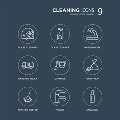 9 Glass cleaning, cleaner, Feather duster, Floor mop, Garbage, Garden hose, Garbage truck, Faucet modern icons on black background, vector illustration, eps10, trendy icon set.