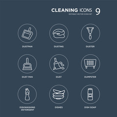 9 Dustpan, Dusting, dishwashing detergent, Dumpster, Dust, Duster, Dust pan, Dishes modern icons on black background, vector illustration, eps10, trendy icon set.
