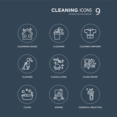 9 Cleaning House, Cleaning, Clean, Clean Room, clean-living, Cleaner Uniform, Cleaner, Wiping modern icons on black background, vector illustration, eps10, trendy icon set.