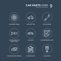 9 car spare wheel, soft top, rear-view mirror, reversing light, roof, silencer modern icons on black background, vector illustration, eps10, trendy icon set.