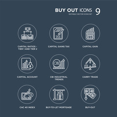 9 Capital ratios - Tier 1 and 2, gains tax, CAC 40 index, Carry trade, CBI industrial trends, gain modern icons on black background, vector illustration, eps10, trendy icon set.