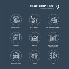 Obraz premium 9 Business cycle, Bull market, Bridging loan, British Retail Consortium, Broker, Buildings insurance, Budget, Bond modern icons on black background, vector illustration, eps10, trendy icon set.