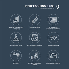 9 Annual equivalent rate (AER), bonus, Actuary, Administration, After-hours dealing, Alternative investment market modern icons on black background, vector illustration, eps10, trendy icon set.