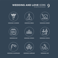 9 wedding flowers, Wedding dress, Champagne, couple, Crown, Dinner modern icons on black background, vector illustration, eps10, trendy icon set.