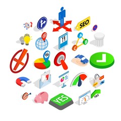 Decision icons set. Isometric set of 25 decision vector icons for web isolated on white background