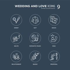 9 Sweet, Suit, Relationship, Ring, Romantic music, Snack, Selfie, Queue modern icons on black background, vector illustration, eps10, trendy icon set.