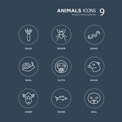 9 Squid, Spider, Sheep, skunk, Sloth, Snake, Snail, Shark modern icons on black background, vector illustration, eps10, trendy icon set.