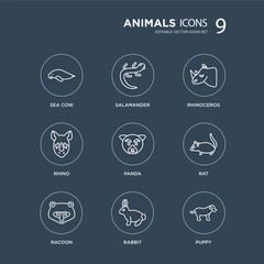 9 Sea cow, salamander, Racoon, Rat, panda, Rhinoceros, Rhino, Rabbit modern icons on black background, vector illustration, eps10, trendy icon set.