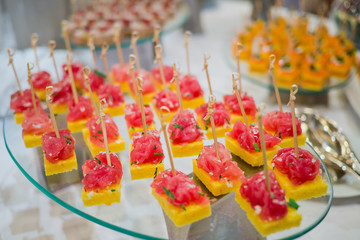 sandwich, mini canapes, buffet food, catering food party at restaurant, snacks and appetizers, mini cake, food for the event