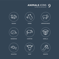 9 iguana, Horse, Goldfish, Gorilla, Hamster, Hippopotamus, Hedgehog, Goat modern icons on black background, vector illustration, eps10, trendy icon set.