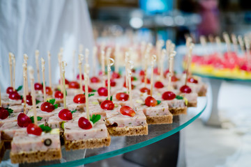 sandwich, mini canapes, buffet food, catering food party at restaurant, snacks and appetizers, mini cake, food for the event