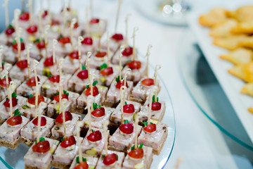 sandwich, mini canapes, buffet food, catering food party at restaurant, snacks and appetizers, mini cake, food for the event