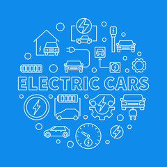 Electric Cars round vector illustration in thin line style on blue background