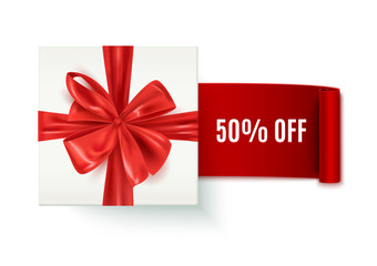 Valentine's Day sale advertisement banner, open gift box with red bow, vector illustration