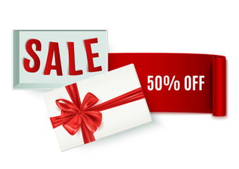 Valentine's Day sale advertisement banner, open gift box with red bow, vector illustration