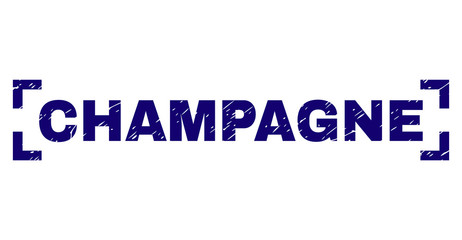 CHAMPAGNE caption seal print with distress style. Text caption is placed between corners. Blue vector rubber print of CHAMPAGNE with dirty texture.