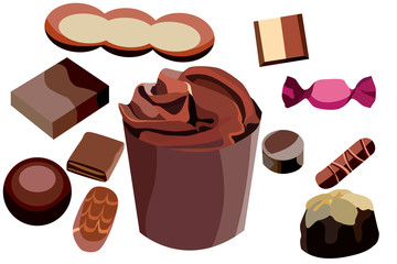 A set of chocolate candy icons, many different sweets