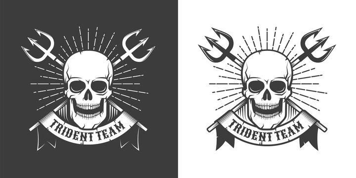 Pirate sea emblem with skull and crossed tridents. Vintage retro hipster style. Vector illustration.