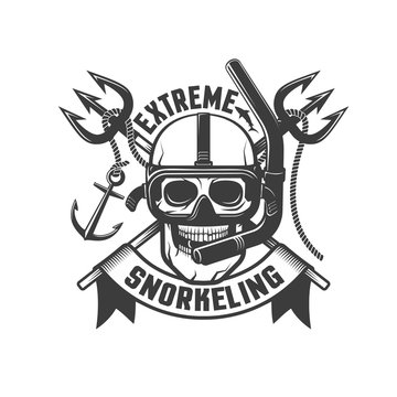 Skull in mask with tube for snorkeling and crossed tridents in the background - retro emblem. Diver logo, tattoo template.