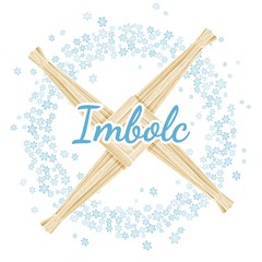 Imbolc Brigid's Cross sign. Beginning of spring pagan holiday in a wreath of snowflakes. Vector postcard