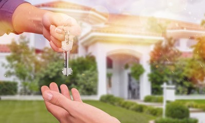 Real estate agent giving Key to client, Moving New House Concept