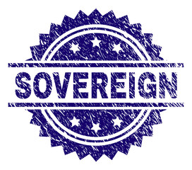 SOVEREIGN stamp seal watermark with distress style. Blue vector rubber print of SOVEREIGN caption with corroded texture.