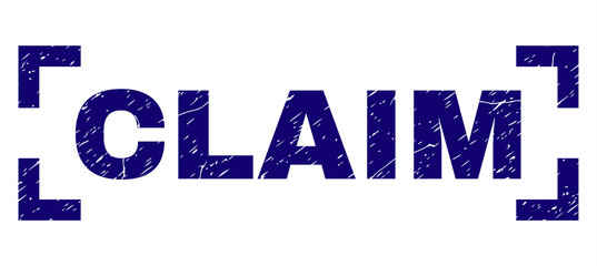 CLAIM title seal print with distress texture. Text title is placed between corners. Blue vector rubber print of CLAIM with corroded texture.
