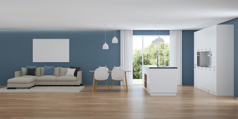 Modern house interior. Interior with blue walls. 3D rendering.
