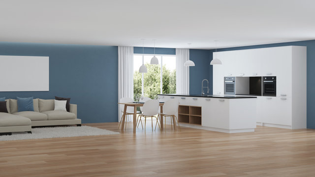 Modern house interior. Interior with blue walls. 3D rendering.