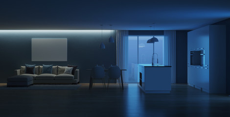 Modern house interior. Night. Evening lighting. 3D rendering.