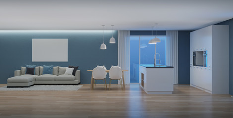 Modern house interior. Night. Evening lighting. 3D rendering.