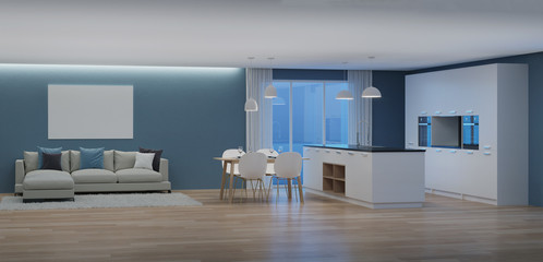 Modern house interior. Night. Evening lighting. 3D rendering.