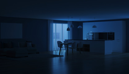 Fototapeta na wymiar Modern house interior. Night. Evening lighting. 3D rendering.