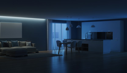 Modern house interior. Night. Evening lighting. 3D rendering.