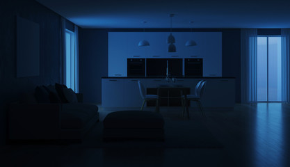 Modern house interior. Night. Evening lighting. 3D rendering.