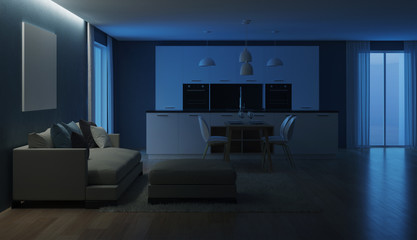 Modern house interior. Night. Evening lighting. 3D rendering.