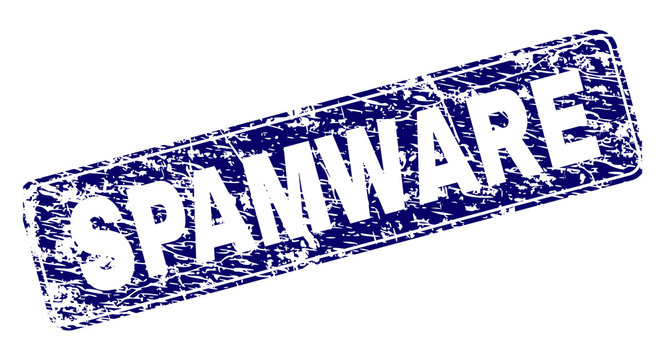 SPAMWARE stamp seal print with distress style. Seal shape is a rounded rectangle with frame. Blue vector rubber print of SPAMWARE tag with dust style.