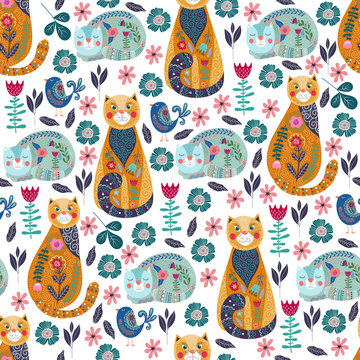 Seamless pattern with cute cats and birds, flowers and leaves on white background, vector illustration
