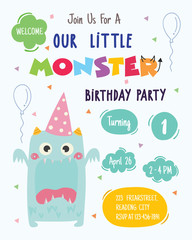 Cute monster happy birthday party invitation card design. Vector