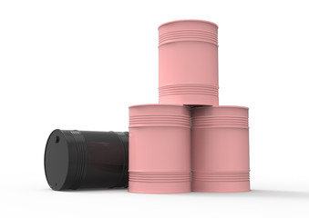 3D illustration of pink and black barrels on white background. Four barrels for liquid storage.