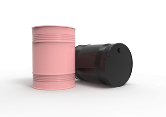 3D illustration of pink and black barrel on white background. Two barrels for liquid storage.